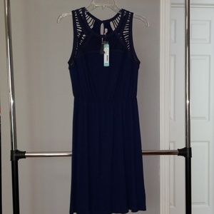 Navy Blue Knit Dress with Lattice Detail